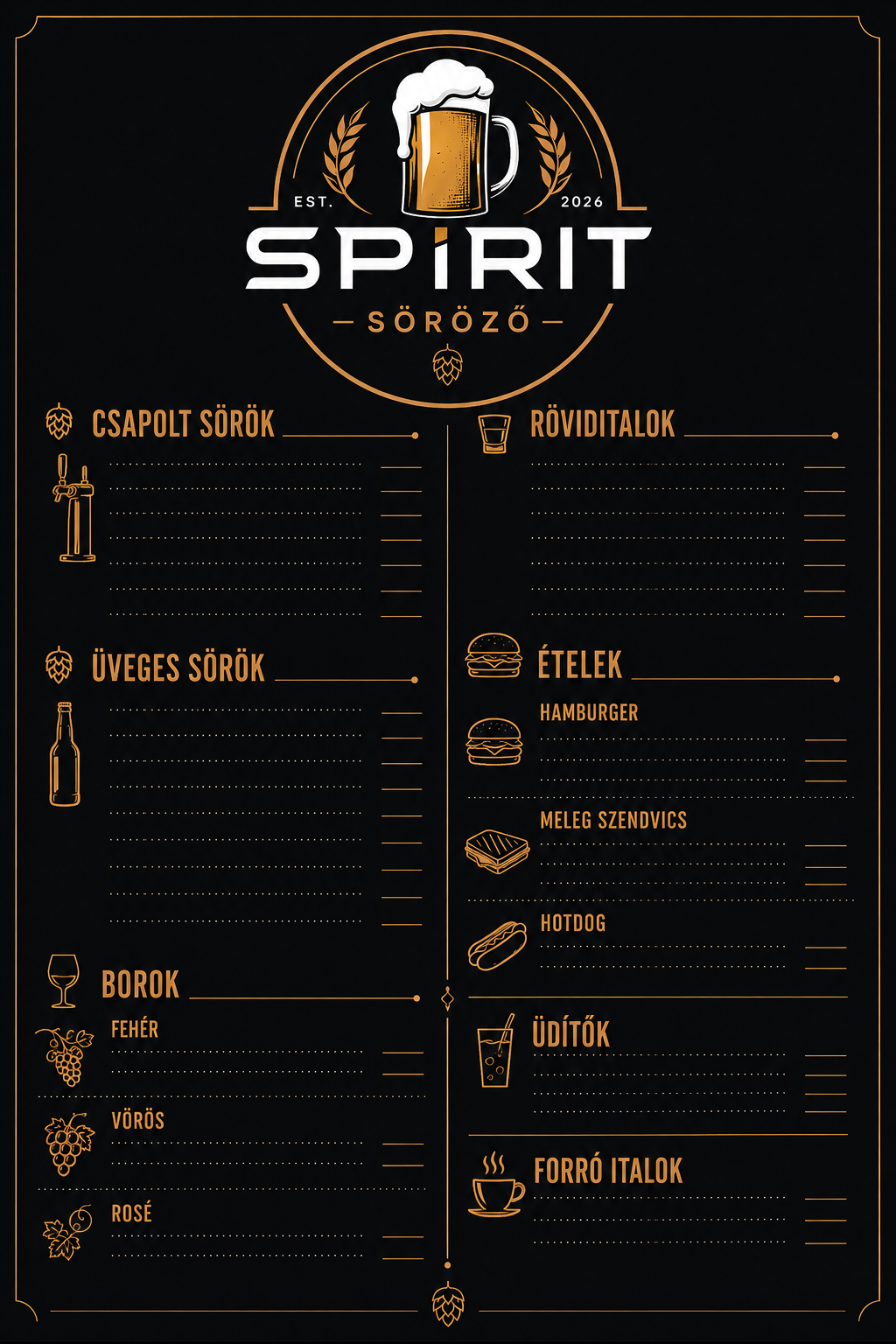 Spirit Söröző Étel- és Itallap